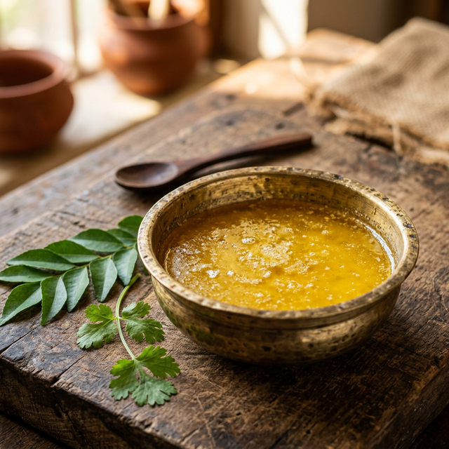 A brass bowl of freshly made ghee on a wooden table